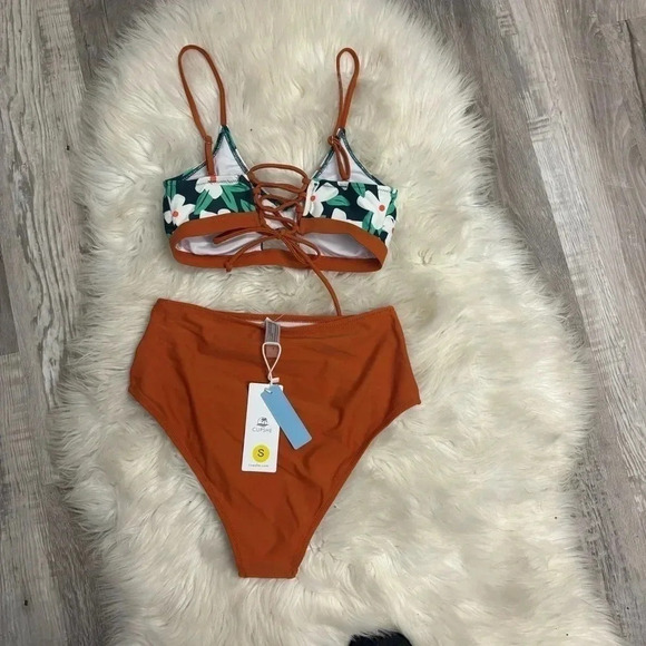 NWT cupshe orange teal green floral high waist bikini sz small - Picture 5 of 7